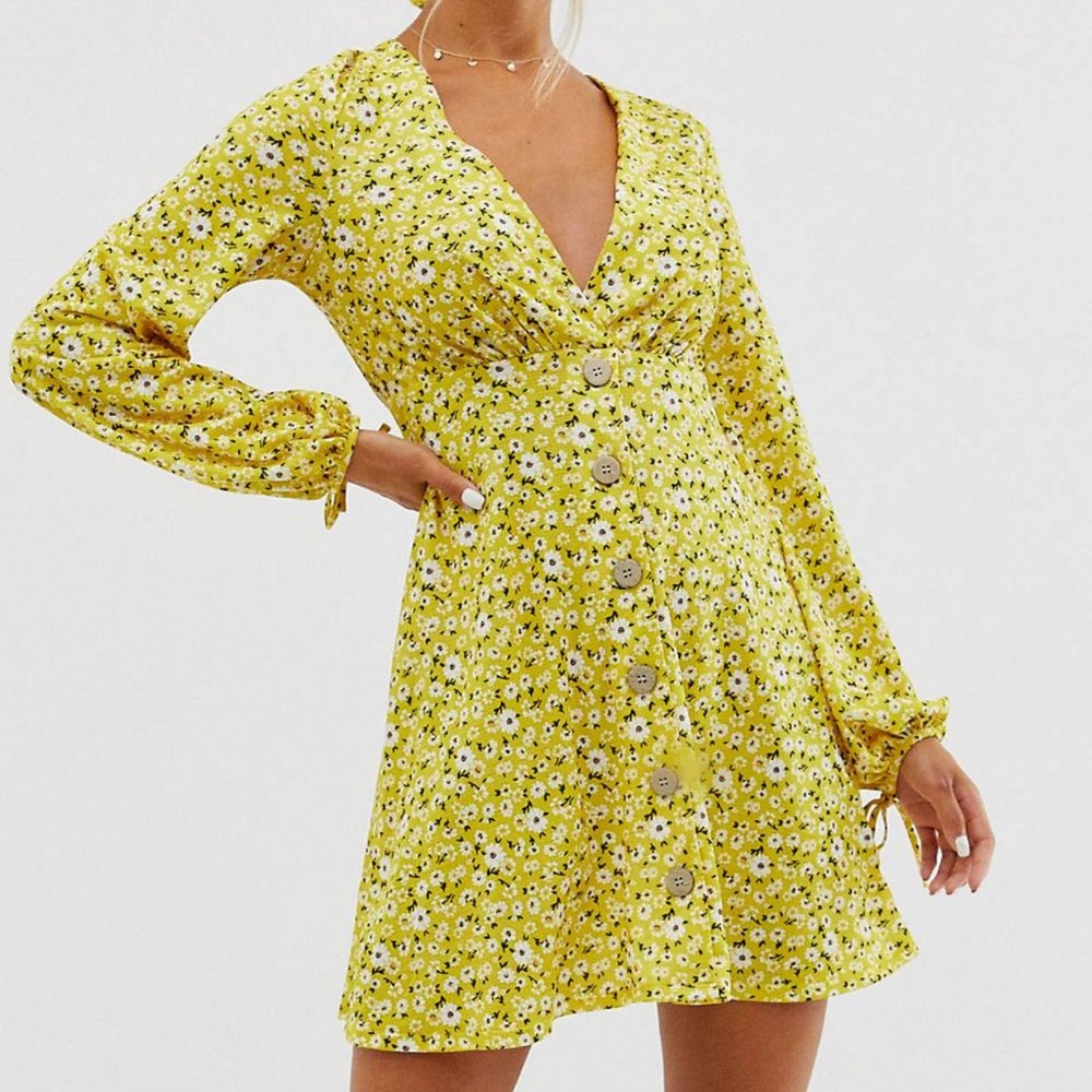 ASOS long sleeve yellow dress with button front detail